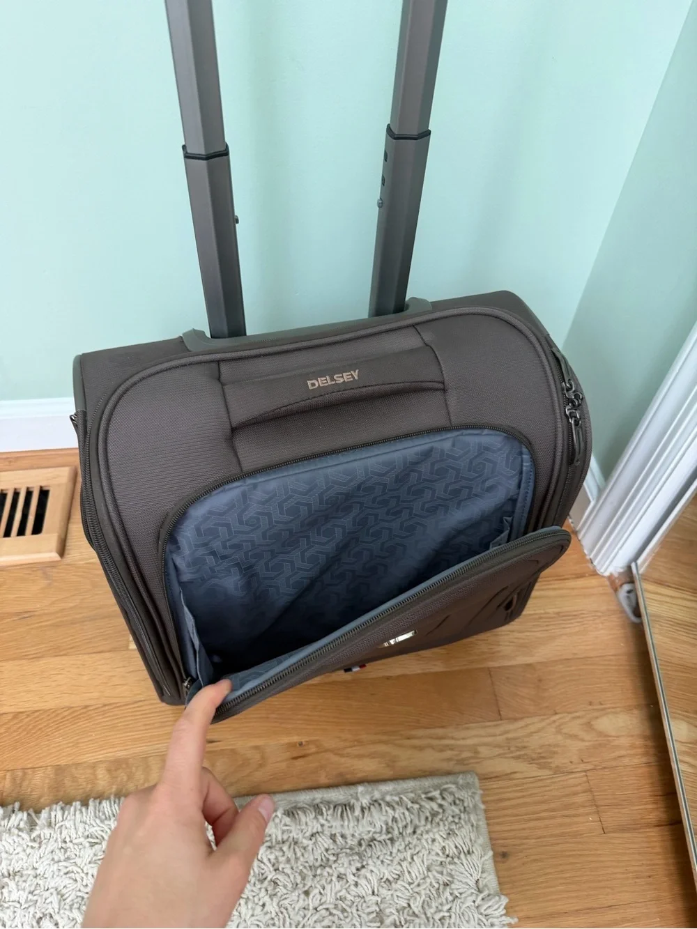 Brown Rolling Carry-On under seat luggage